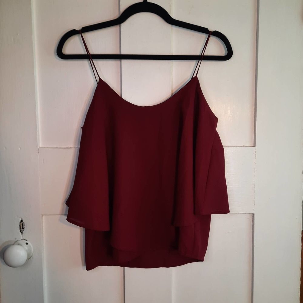 PAPER CRANE Dark Red/Maroon Spaghetti Strap Relaxed Fit Ruffle Camisole SMALL